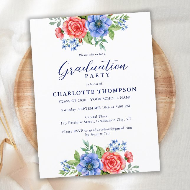 Patriotic Floral Red White Blue Graduation Party Invitation Postcard (Creator Uploaded)