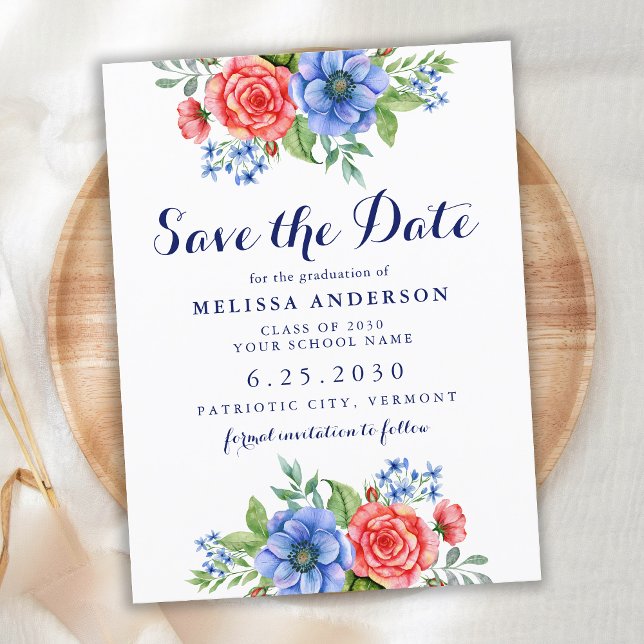 Patriotic Floral Red White Blue Party Graduation S Announcement Postcard (Creator Uploaded)