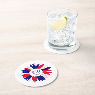 Patriotic Floral USA 250 Years 4th of July  Round Paper Coaster