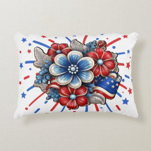 Patriotic Flowers in Red White & Blue 4th of July Accent Pillow