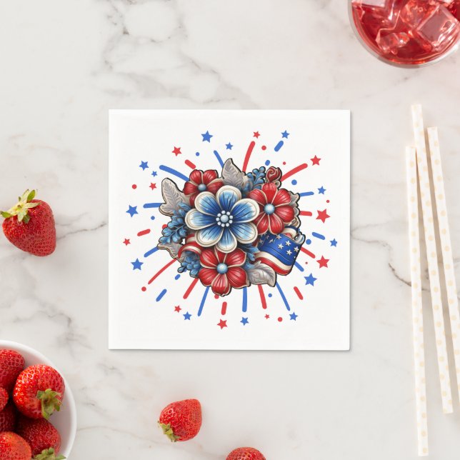 Patriotic Flowers in Red White & Blue 4th of July Napkin (Insitu)