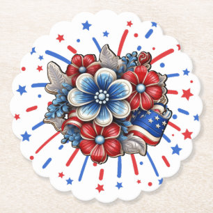 Patriotic Flowers in Red White & Blue 4th of July Paper Coaster