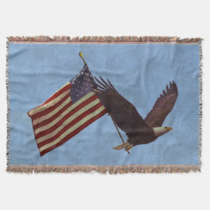 Patriotic Flying Bald Eagle & US Flag Throw Blanket