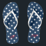 Patriotic fourth 4th of July party flip flops<br><div class="desc">Patriotic fourth 4th of July party flip flops with personalized monogram. Custom colour strap for him and her / men and women. Custom background colour and personalized name initials. Modern American flag star design sandals for Independence Day. Cute party favour for beach theme wedding, marriage, bridal shower, engagement, anniversary, birthday,...</div>