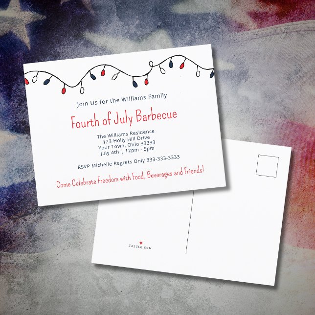 Patriotic Fourth of July Barbecue String Lights  Invitation Postcard (Creator Uploaded)