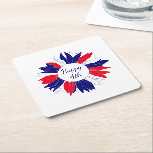 Patriotic Fourth of July Bbq Floral Red White Blue Square Paper Coaster