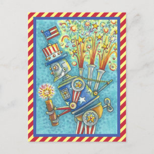 PATRIOTIC FOURTH OF JULY FIRWORKS ROBOT POSTCARD