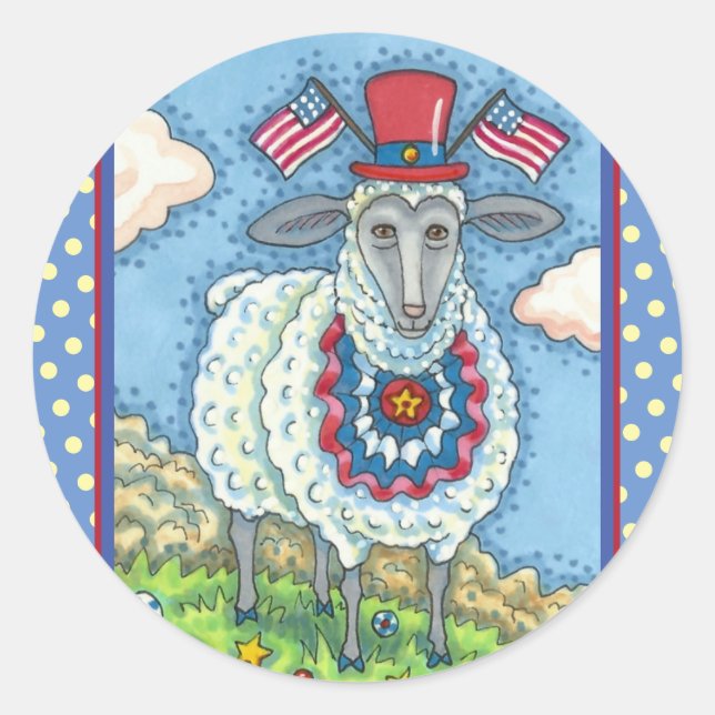 PATRIOTIC FOURTH OF JULY SHEEP, Funny Folk Art Classic Round Sticker (Front)