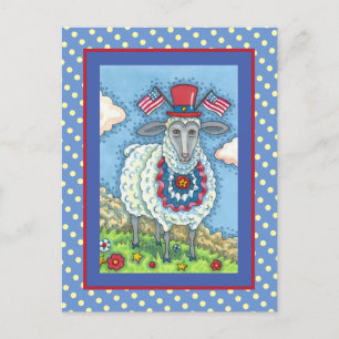 PATRIOTIC FOURTH OF JULY SHEEP, FUNNY FOLK ART HOLIDAY POSTCARD