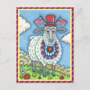 PATRIOTIC FOURTH OF JULY SHEEP, FUNNY FOLK ART HOLIDAY POSTCARD