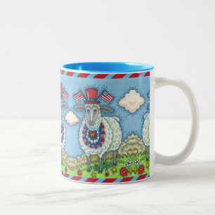 PATRIOTIC FOURTH OF JULY SHEEP, FUNNY FOLK ART Two-Tone COFFEE MUG