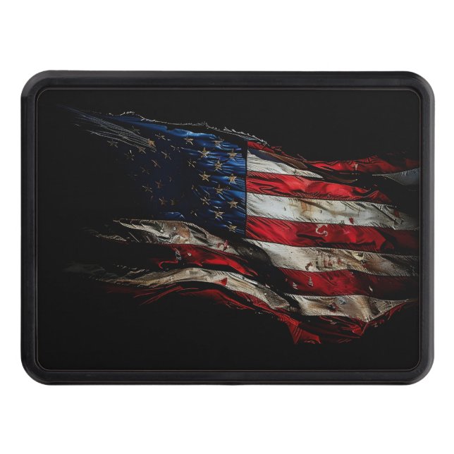 Patriotic, frayed and weathered American flag  Trailer Hitch Cover (Front)