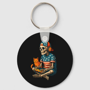 Patriotic Gamer Skeleton Gaming Video Games Cat Bo Keychain
