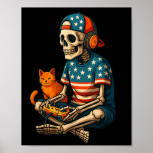 Patriotic Gamer Skeleton Gaming Video Games Cat Bo Poster