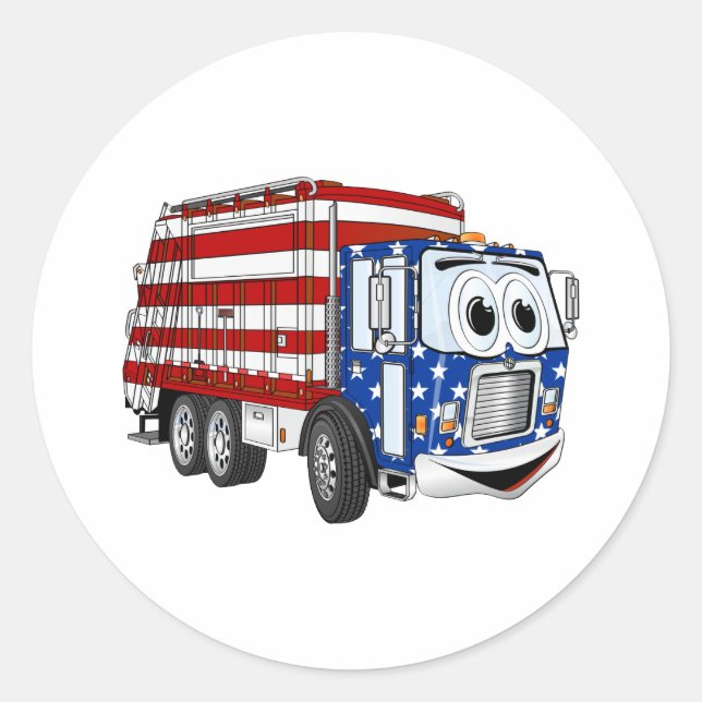 Patriotic Garbage Truck Cartoon Classic Round Sticker (Front)