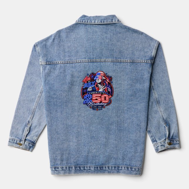 Patriotic George Washington Fireworks Patch Art Denim Jacket (Back)
