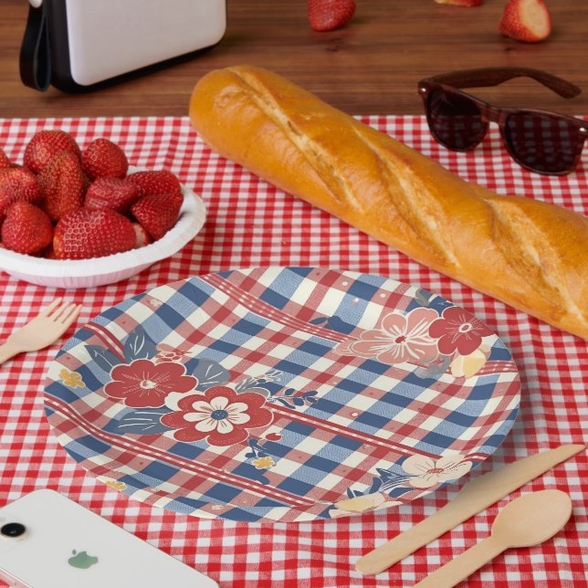 Patriotic Gingham with Floral Accents | Red White  Paper Plate (Picnic)