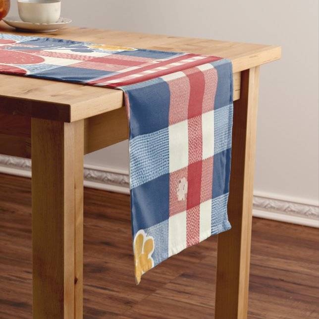 Patriotic Gingham with Floral Accents | Red White  Short Table Runner (In Situ)