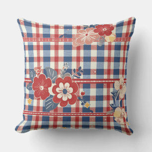 Patriotic Gingham with Floral Accents   Red White  Throw Pillow
