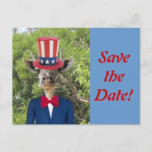 Patriotic Giraffe Save the Date Postcard (Front)