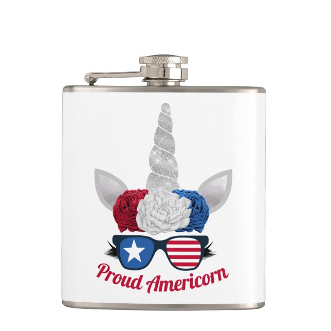 Patriotic Glitter Unicorn Red White Blue Hip Flask (Front)