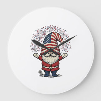 Patriotic Gnome Fireworks Vintage Vector Design_1 Large Clock