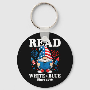 Patriotic Gnome Reading Fireworks Read White Blue Keychain