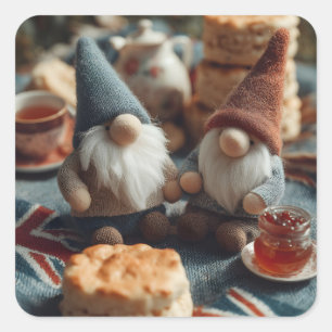 Patriotic Gnomes Enjoying British Afternoon Tea Square Sticker