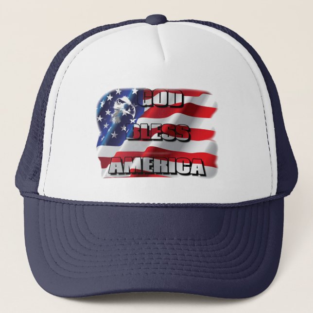 Patriotic God Bless America Eagle and Flag Trucker Hat (Front)