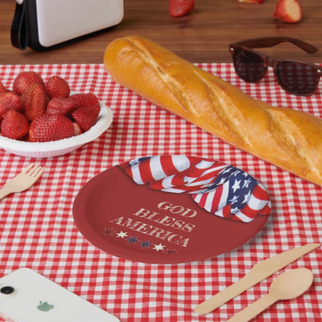 Patriotic God Bless America Red White Blue Bunting Paper Plate (Picnic)