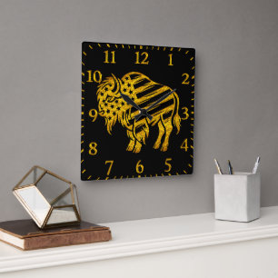 Patriotic Gold Bison Design Square Wall Clock
