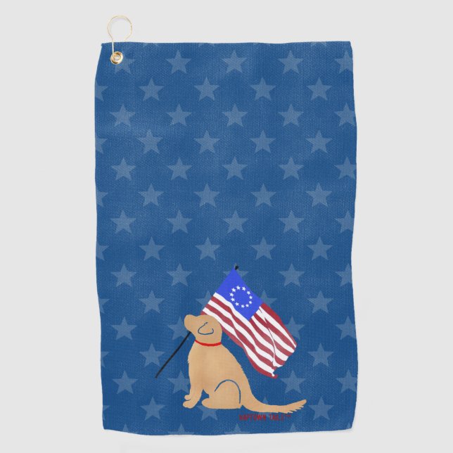 Patriotic Golden Dog American Flag Golf Towel (Front)