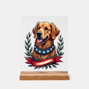 Patriotic Golden Retriever Americana Art Tee 2 Acrylic Sign