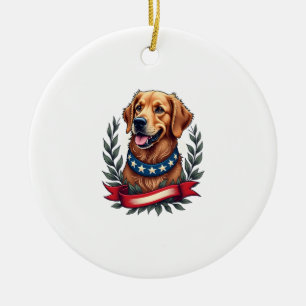 Patriotic Golden Retriever Americana Art Tee 2 Ceramic Ornament