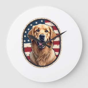 Patriotic Golden Retriever Badge Vintage Tee 4 Large Clock