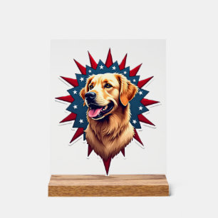 Patriotic Golden Retriever Corner Burst Shirt 2 Acrylic Sign