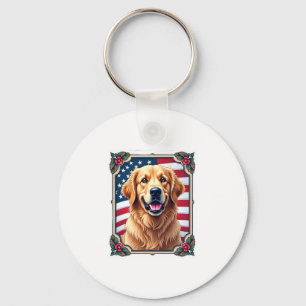 Patriotic Golden Retriever Corner Frame Shirt 3 Keychain