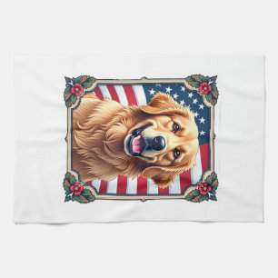 Patriotic Golden Retriever Corner Frame Shirt 3 Kitchen Towel