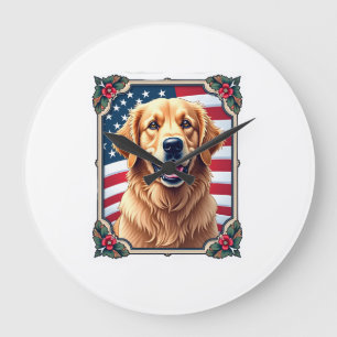 Patriotic Golden Retriever Corner Frame Shirt 3 Large Clock