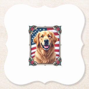 Patriotic Golden Retriever Corner Frame Shirt 3 Paper Coaster