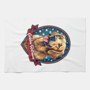 Patriotic Golden Retriever Crest Vintage Tee 2 Kitchen Towel