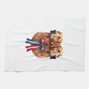 Patriotic Golden Retriever Double Portrait Shirt 2 Kitchen Towel