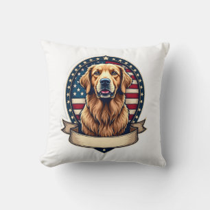 Patriotic Golden Retriever Emblem Vintage Tee 2 Throw Pillow