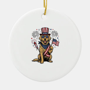 Patriotic Golden Retriever Fireworks Vintage Shirt Ceramic Ornament