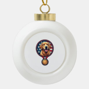 Patriotic Golden Retriever Medal Vintage Tee 3 Ceramic Ball Christmas Ornament