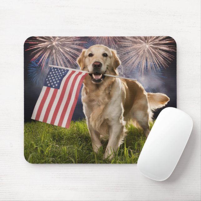 Patriotic Golden Retriever Mouse Pad (With Mouse)