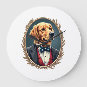 Patriotic Golden Retriever Portrait Vintage Tee 2 Large Clock