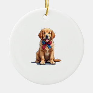 Patriotic Golden Retriever Puppy Vintage Shirt Ceramic Ornament