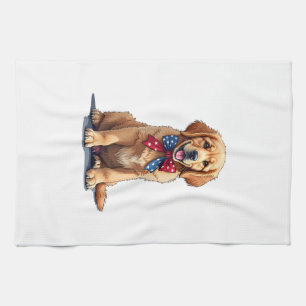 Patriotic Golden Retriever Puppy Vintage Shirt Kitchen Towel