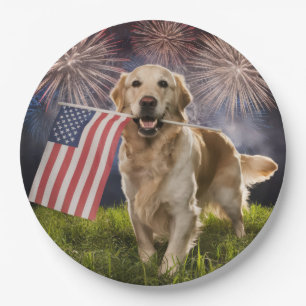 Patriotic Golden Retriever With Fireworks Paper Plate